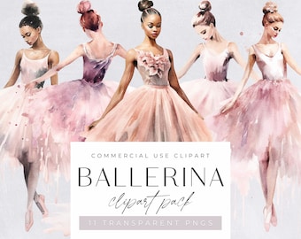 Pink Watercolor Ballerina Clip Art, Tutu and Ballet Shoes, for commercial use, Transparent PNGs, Dancing Ballerinas, Girls Clipart