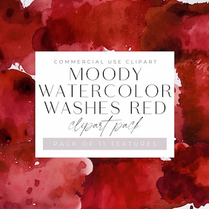 May include: A digital download of 11 red watercolour textures. The textures are abstract and feature a variety of shapes and sizes. The text "COMMERCIAL USE CLIPART MOODY WATERCOLOUR WASHES RED clipart pack PACK OF 11 TEXTURES" is displayed on a white rectangle.