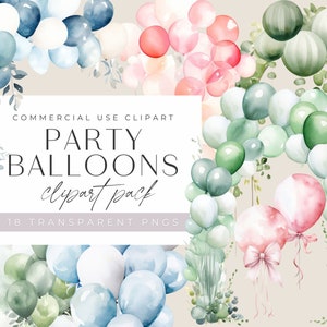 Clipart de aniversário de balão, balões de festa verde rosa azul, decorações, aquarela, convite para chá de bebê, png transparente, uso comercial