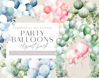 Balloon Birthday Clipart, Blue Pink Green Party Balloons, Decorations, Watercolor, Baby Shower Invitation, transparent png, Commercial use