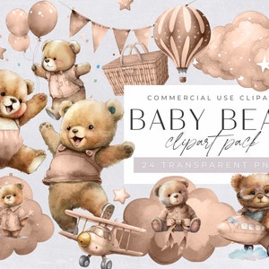 Paquete de imágenes prediseñadas de osito de peluche de acuarela, baby shower para niño, imágenes prediseñadas para uso comercial, PNG transparentes, globos de avión marrones