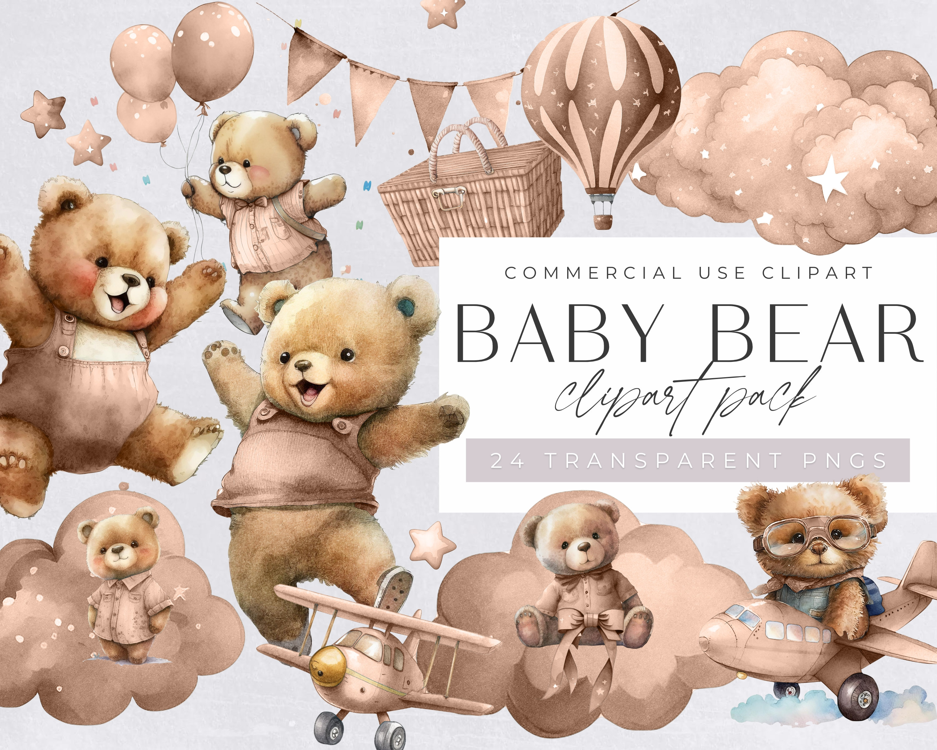 Watercolor Teddy Bear Clip Art Clipart Pack, Baby Shower for a Boy ...