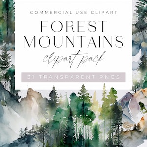 Mountain Forest Watercolor Clipart PNG, Hills Transparent Watercolor Clipart PNG Files, Background Scenery for Digital Products