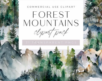Mountain Forest Watercolor Clipart PNG, Hills Transparent Watercolor Clipart PNG Files, Background Scenery for Digital Products