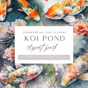 Watercolor Lily Pond Clipart | Watercolor Koi Fish Pond for commercial use, Transparent PNGs, Aquarium, Garden, Japanese Koi, Lilypons