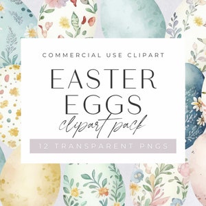 Clipart de huevos de Pascua en acuarela, clipart para uso comercial, PNG transparentes, canasta de conejito de Pascua, huevos de Pascua de arcoíris coloridos florales
