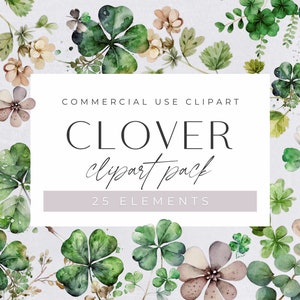 Paquete de imágenes prediseñadas de trébol de acuarela, imágenes prediseñadas para uso comercial, trébol floral, imágenes prediseñadas de primavera, vegetación de acuarela pintada, PNG transparentes