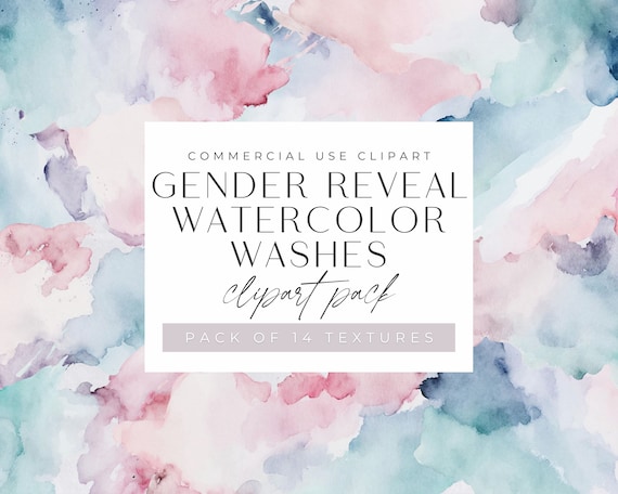 Gender Reveal Watercolor Washes Clipart, Pink and Blue Texture Backgrounds for commercial use, Transparent PNGs, Digital Download