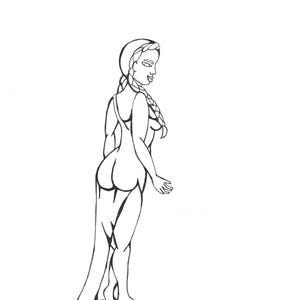 May include: Line drawing of a woman in a dress with her hair in a braid. The woman is facing to the right and her left arm is bent at the elbow with her hand resting on her hip. Her right arm is extended to the side with her hand open.