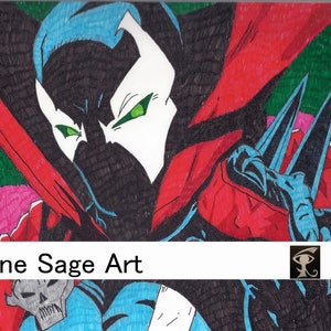 May include: A hand-drawn illustration of a comic book character, Spawn, in a red and black costume with a white mask. The character has green eyes and is holding a weapon. The background is green and pink.
