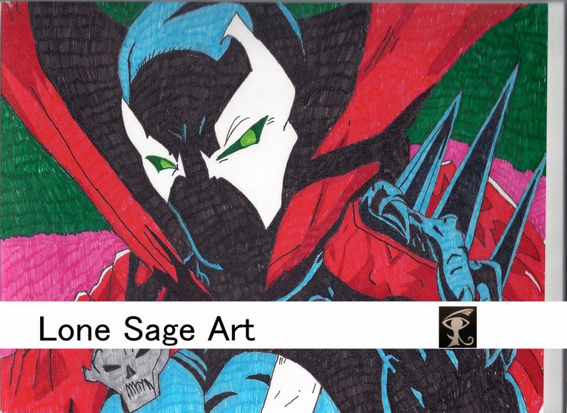 May include: A hand-drawn illustration of a comic book character, Spawn, in a red and black costume with a white mask. The character has green eyes and is holding a weapon. The background is green and pink.