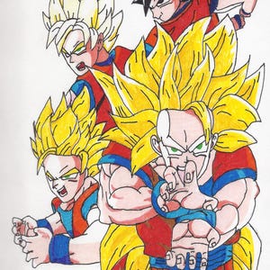 Puede incluir: Ilustración dibujada a mano de cuatro personajes de la serie de anime Dragon Ball Z. Los personajes tienen el pelo amarillo puntiagudo y visten trajes rojos y azules. La imagen es una representación colorida de los personajes en poses de acción.