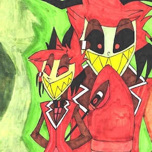 Pode incluir: Ilustração de três personagens de desenhos animados com características vermelhas, pretas e amarelas. Os personagens têm dentes afiados e usam ternos vermelhos. O fundo é uma mistura de verde e branco.