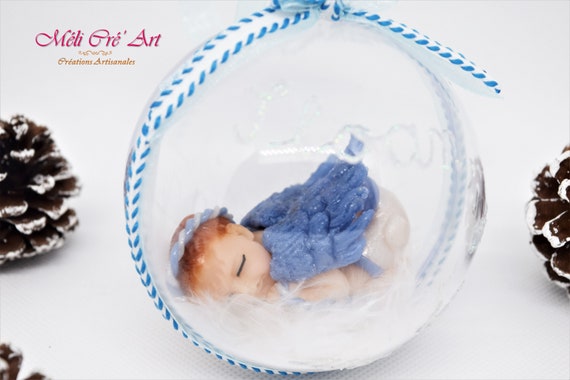 Décoration Suspension Boule De Noël Bébé Ange Garçon Bleu Blanc Or Fimo