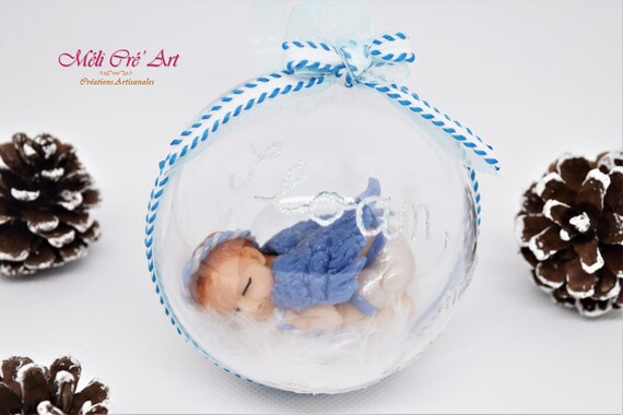 Décoration Suspension Boule De Noël Bébé Ange Garçon Bleu Blanc Or Fimo