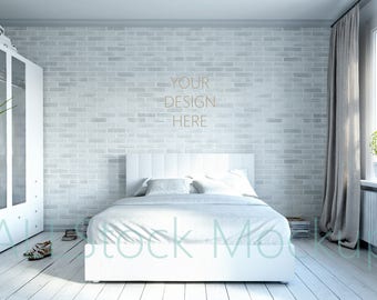 Styled Stock Photography Bedroom Blank White Wall Photography Scandinavian Interior Poster Mockup Print Background Digital Background Brochure Design Photoshop