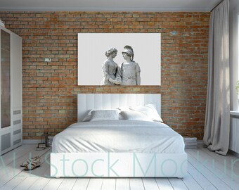 Download Free Room Mockup, frameless interior, Styled stock Photography, Bedroom blank birck Wall Photography, Scandinavian interior , Poster Mockup PSD Template