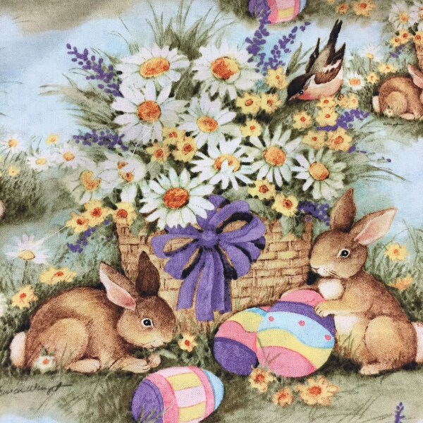 Easter Fabric Bunny Rabbit Eggs Daisy Cotton By the Yard 36 Inches Long