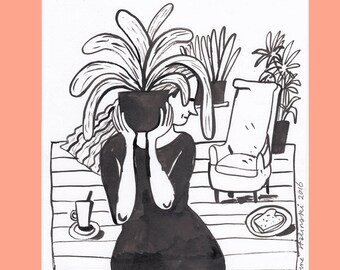 Girl with plant original ink drawing