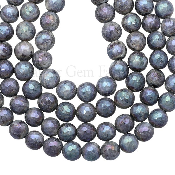 8.5mm Mystic Coated Larvikite Faceted Round Beads 15 inches inch strand