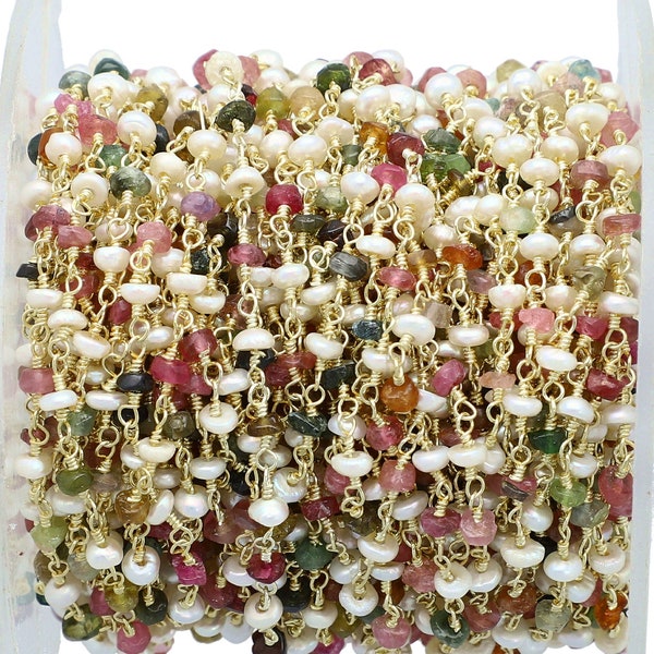 3 - 3.5mm Multi Tourmaline and Pearls Rosary Chain | Wire Wrapped Rosary Chain | Brass Gold Plated Beaded Chain | Wholesale Gemstone Chain