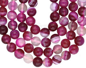 Fuchsia Dyed Agate Beads | 8mm Faceted Round Gemstone Beads | Hot Pink Agate Beads | 15 inches Full Strand | 44 - 46 Approx Beads per Strand