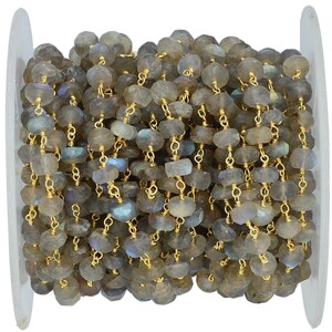 6 - 7 mm Labradorite Faceted Rondelle Brass Gold Plated Wire Wrapped Chain Sold By Foot, Labradorite Beaded Necklace Rosary Chain
