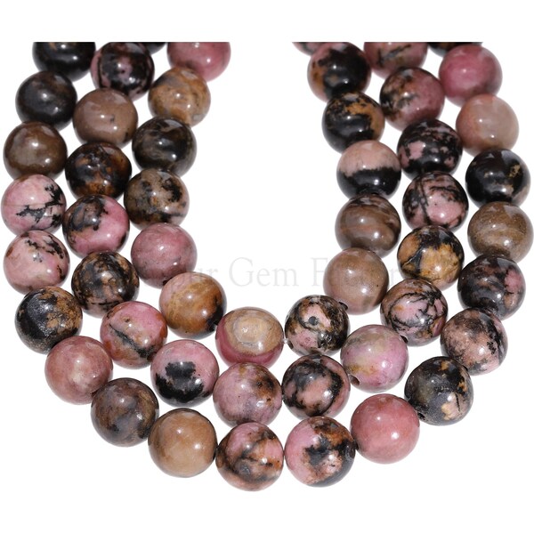 8mm High Quality Natural Pink Black Veined Rhodonite Smooth Round Beads | Earthy Pink Interesting Black Matrix Beads 15" Strand