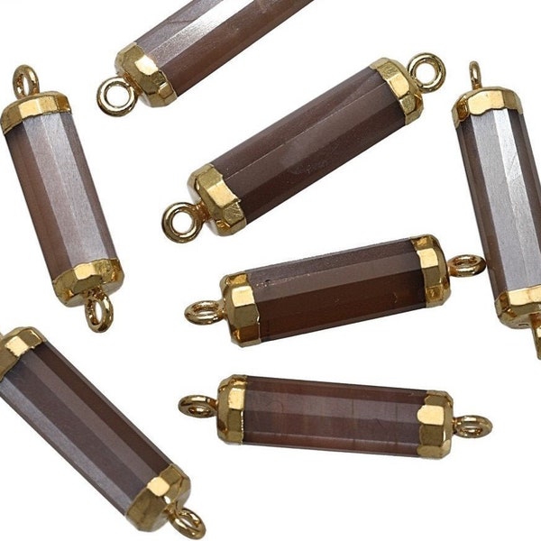 Brown Moonstone  Connector Charm  Gold Electroplated  Hexagon Barrel Shape 18x5 - 20x5 mm