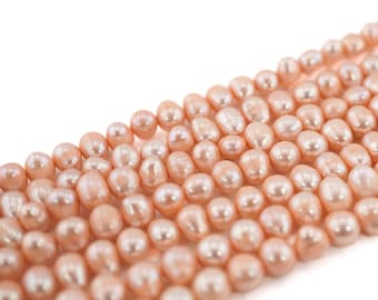 Peach Freshwater Pearl Strand: Potato Shape, 6-7mm Ringed Pearls