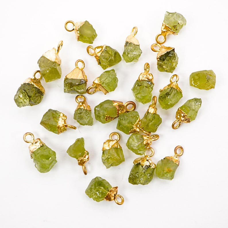 Peridot Charm for Jewelry Making Set of 2 Gold Electroplated Natural Rough Gemstone Charm for Earrings 10x5mm Supplies for Making Crafts