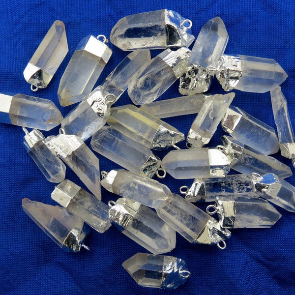 Crystal Quartz Silver Electroplated Natural Pencil Pendant /charm, Ranges from 26x10mm to 34x14mm to 38x10mm