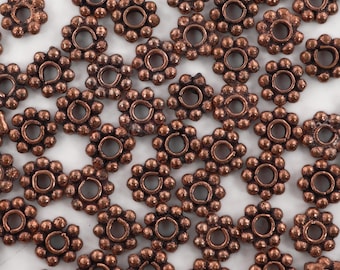 Antique Copper Daisy Spacer Beads: Rustic Boho Jewelry Making (125 Pcs)