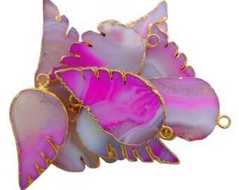 Pink Banded Agate Chalcedony Angel Wings Gold Electroplated Pendants Charm Jewelry Making Supply