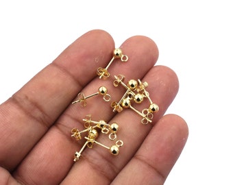 Gold Plated Sterling Silver Ball Post Earrings with Open Loop (4mm, 2 Pairs)