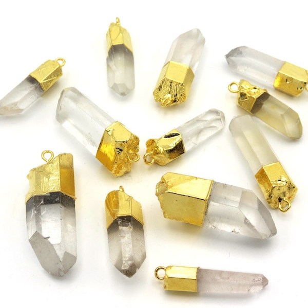 Crystal Quartz Gold Electroplated Natural Pencil Pendant /charm, Ranges from 23x8mm to 39x14mm