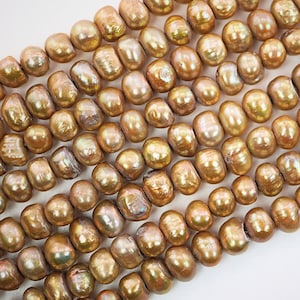 Golden Near Round Freshwater Pearls 8x7 - 6x7 MM, Natural Vintage Pearls, Yellow Pearls Beads, Antique Pearls, Loose Pearls Beads, Mala Bead