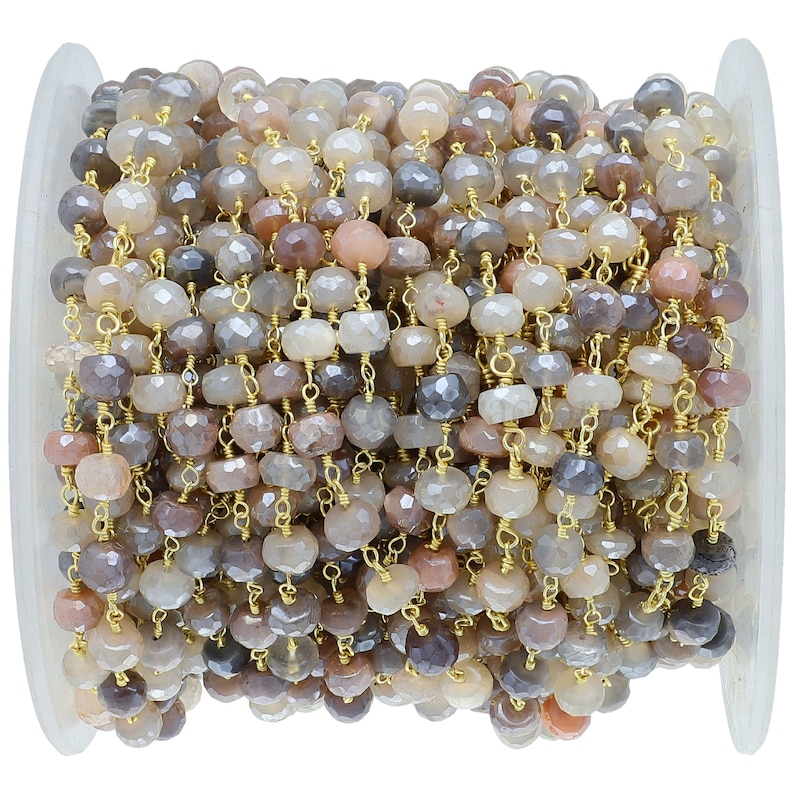 Multi Color Moonstone Rosary Beaded Chain, Wire Wrapped Chain for Ornament Making, Sold by Foot Brass Gold Plated, Jewelry Making Supplies