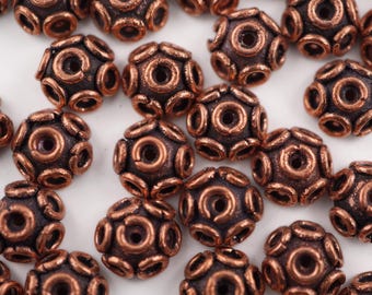 Perles de Bali en cuivre véritable : Perles rondes antiques en fonte Tierra, 10 mm, lot de 55 pièces