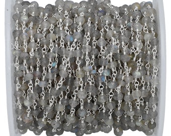 3mm Labradorite Beaded Rosary Chain: Silver Plated Jewelry Making by Foot