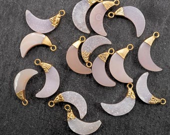 Pink Druzy Moon Charm Set, Gold Electroplated, Jewelry Making (16x6mm)