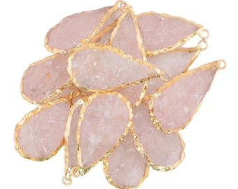 Rose Quartz Pear Pendant: Gold Electroplated Charm, Natural Gemstone (24 X 14 MM
