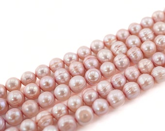 Raspberry Pink Freshwater Pearl Beads 7x6mm: Ringed Near Round DIY Jewelry Making
