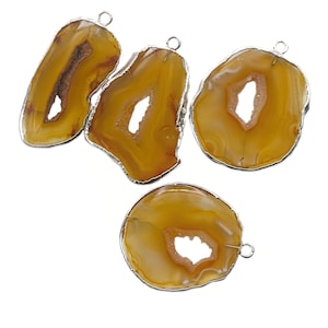 Yellow Banded Agate Slice Pendant: Silver Plated Druzy Charm (28x25 MM)