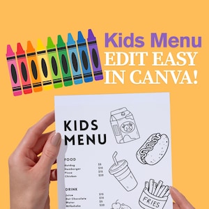 Modello di menu per bambini modificabile - Menu ristorante stampabile per bambini con attività da colorare - Download digitale Canva