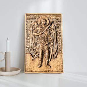 Saint Michael the Archangel wooden carved basrelief | wooden picture | Religious Gift | Wood carving picture wall decoration plaque
