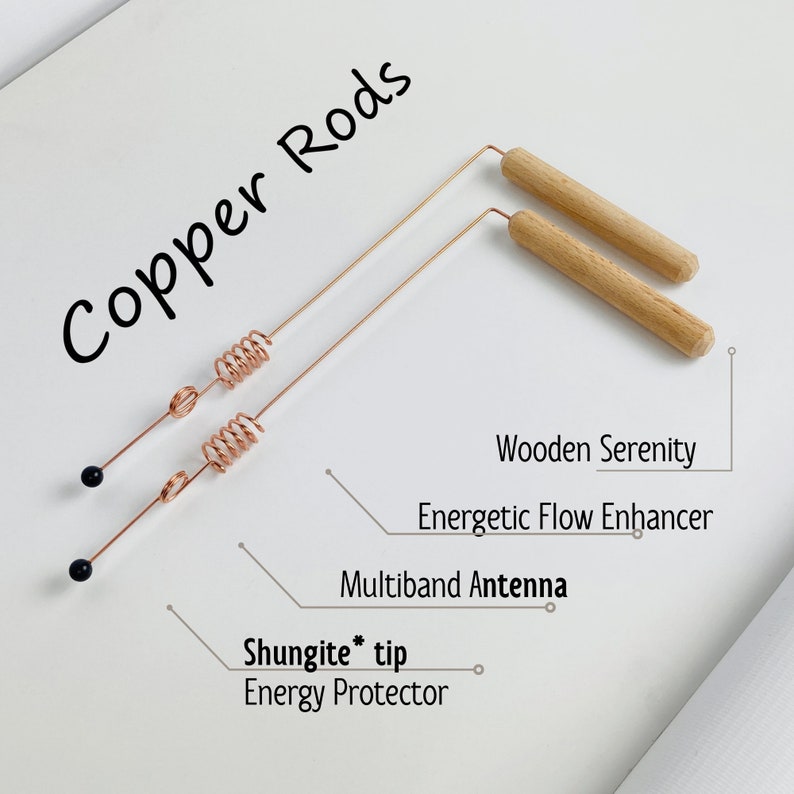May include: Two copper rods with a coiled wire section and a black ball at the end. The rods are labeled "Copper Rods" and have additional text describing their uses: "Wooden Serenity", "Energetic Flow Enhancer", "Multiband Antenna", "Shungite* tip", and "Energy Protector".