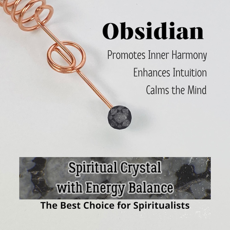 May include: A copper-colored wire wrapped around a black obsidian crystal. The image includes text that reads "Obsidian" and "Spiritual Crystal with Energy Balance". The text also states that obsidian promotes inner harmony, enhances intuition, and calms the mind.