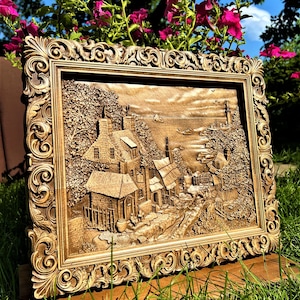 Seaside House wooden carved picture | Wooden Picture | Wood carving picture wall decoration plaque | women figure | Wood wall art