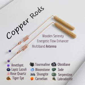 2 Copper Dowsing Rods with Crystal Jade, Amethyst, Shungite, Lapis Lazuli, Moonstone, Serpentine, Tourmaline, Obsidian, Labradorite